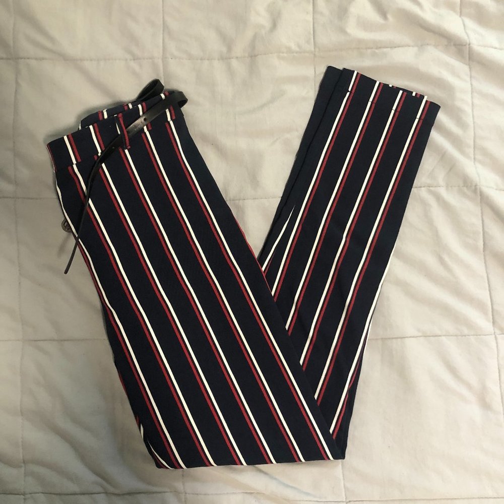 F21 Navy, Red, and White Mid Calf Pants with Belt